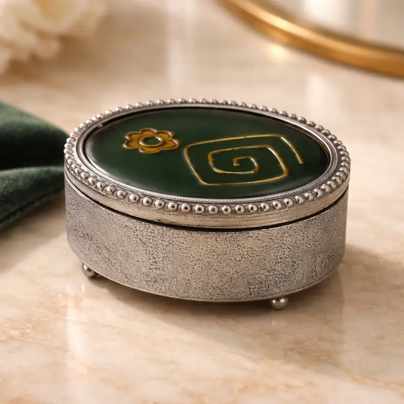 Small Silver Trinket Box w/ Green Lid and Gold Inlaid Design, 2.25"