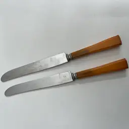 Vintage Butterscotch Bakelite Voos Flatware. Yellow Handles Stainless Blade. Knives Silverware