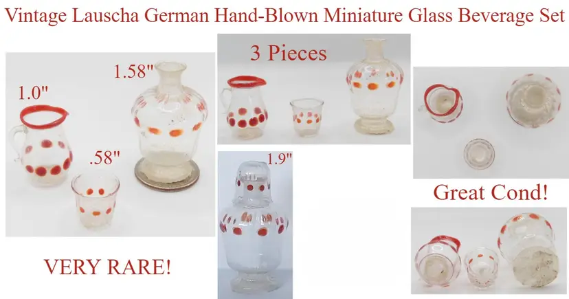 RARE Miniature Lauscha German Blown Art Glass 3 Pc Beverage Set