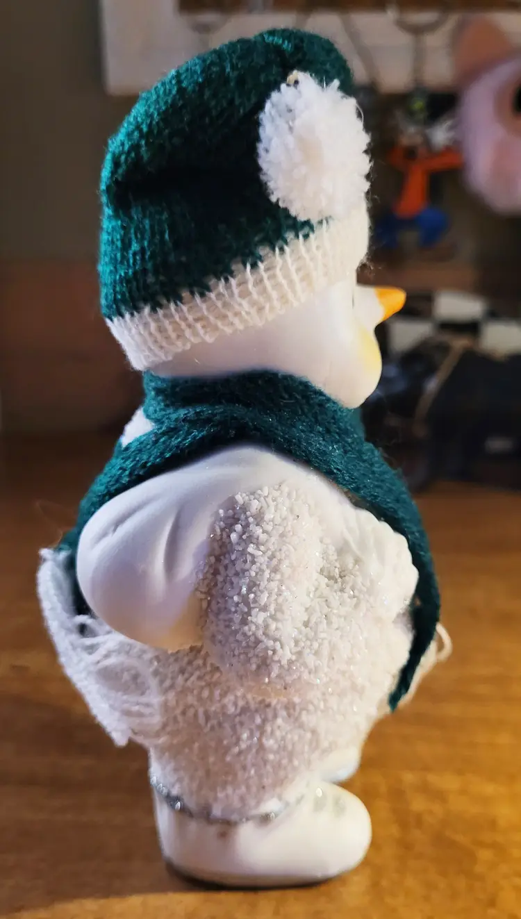 Vintage K's Collection Adorable Glittery Snowman with Knit Cap and Scarf c.1990s