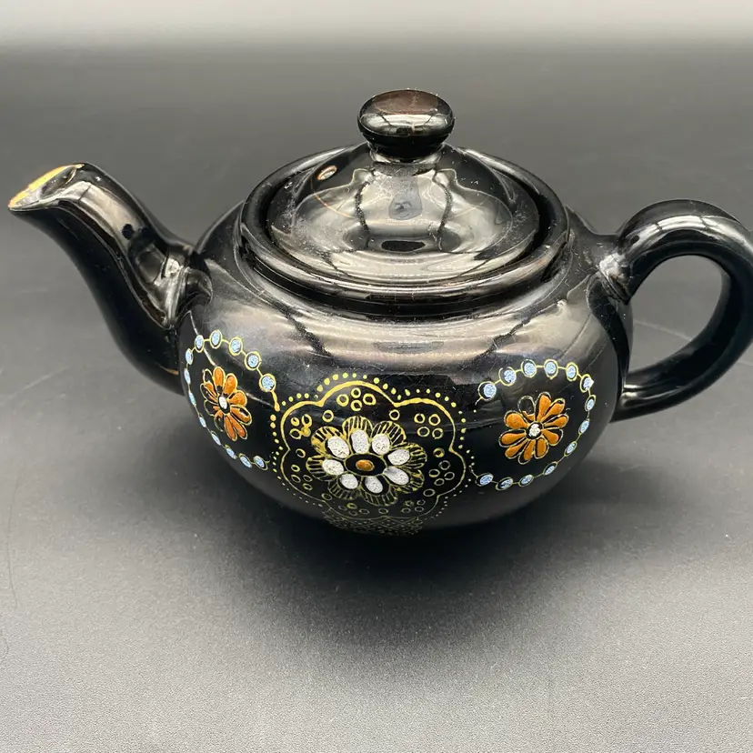 Vintage Japan Black w/ Painted Floral Pattern Single-Serve Teapot
