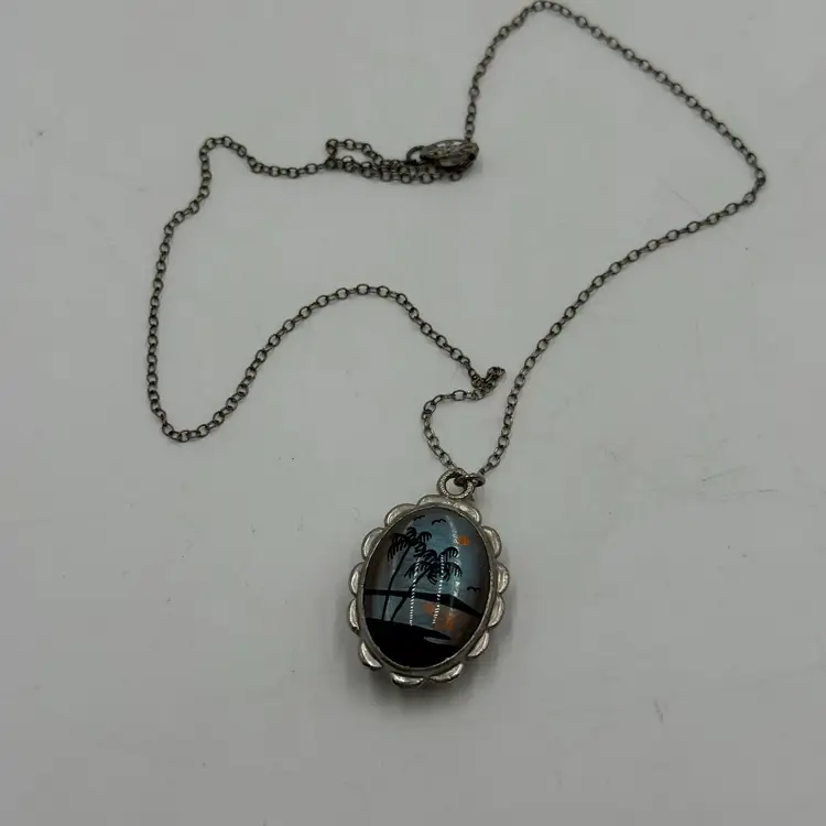 Vintage Double Sided Butterfly Wing Palm Trees & Flamingo Pendant Necklace
