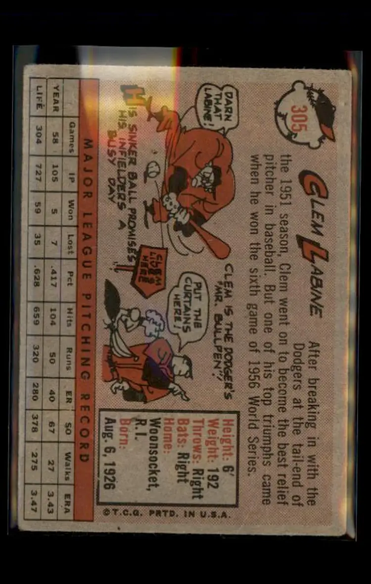 1958 Topps #305 Clem Labine - (pk4) - Los Angeles Dodgers