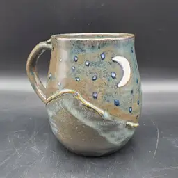Studio Pottery Mug  with Moon & Stars over Mountains