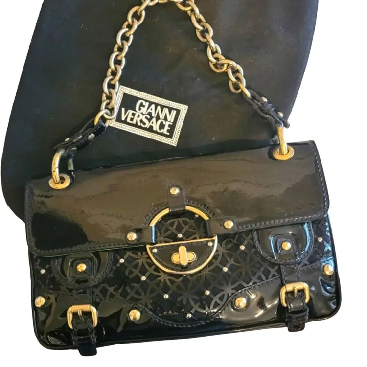 Vintage Gianni Versace Black Patten Leather Shoulder Bag