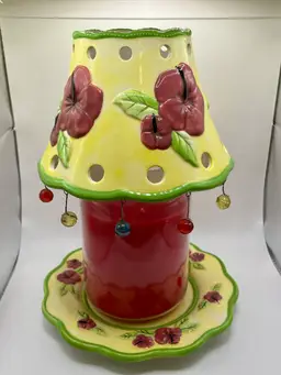 Ceramic Candle Lamp Shade Plate Yellow Green Floral 10” EUC