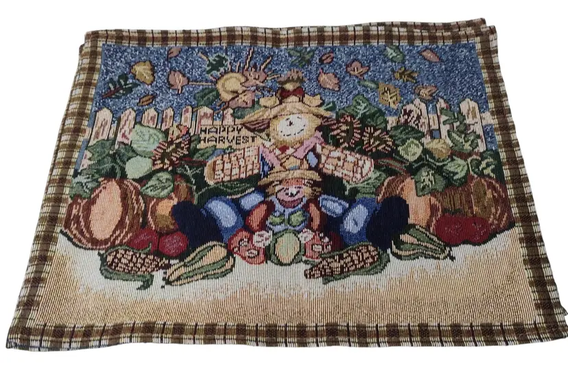 Happy Harvest Tapestry Placemats Set of 4 Scarecrow Thanksgiving Vegetables