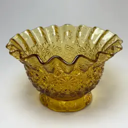 Vintage LE Smith Daisy & Button Yellow Amber Glass Bowl Ruffled Crimped Rim