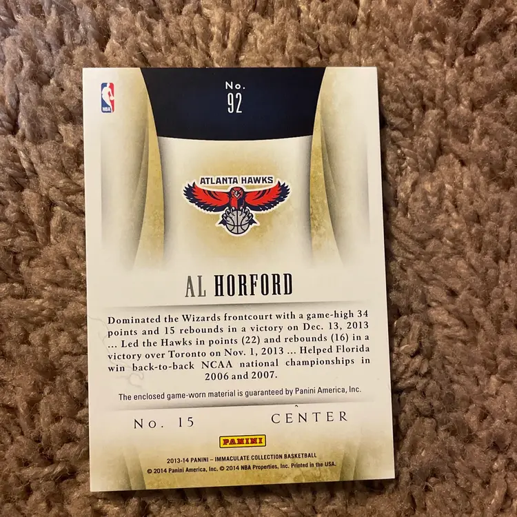 AL HORFORD 2013/14 PANINI IMMACULATE NUMBERS GAME USED 3 COLOR PATCH 06/15-Atlanta Hawks 