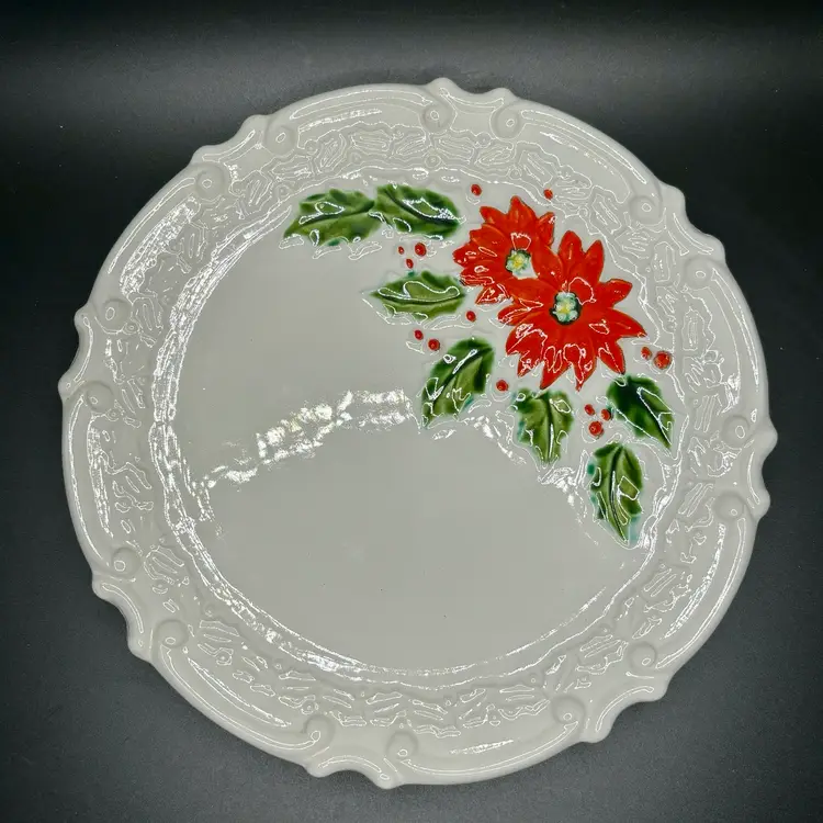 Vintage Japan White Plate With Poinsettias And Holly 8”