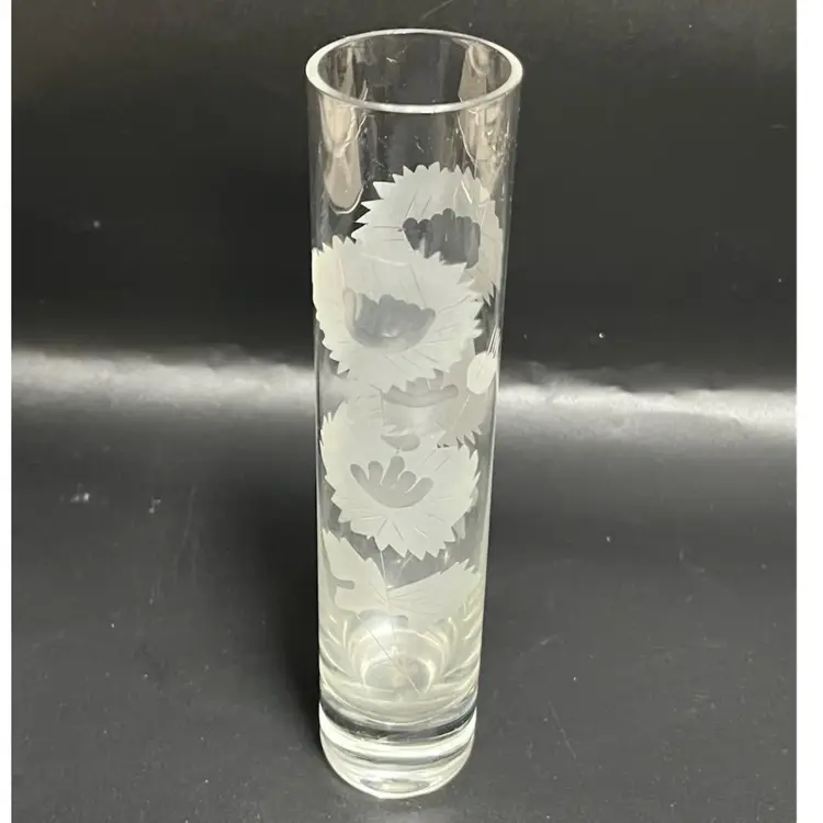 VTG -Schmid Portugal 7" - Straight Clear Glass Etched Floral Bud Vase- Chrysanthemum