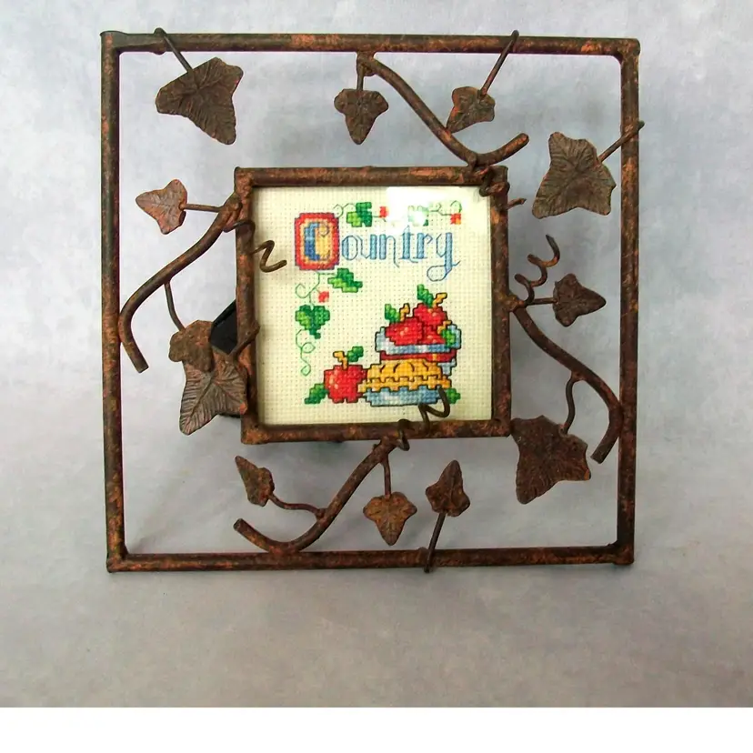 Country Apple Pie Cross Stitch Sampler Rustic Leaf Metal Frame Table Top Wall Decor Farmhouse Country Core 6.25"x6.25"