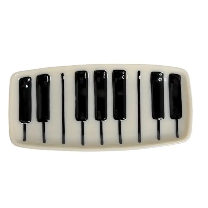 Fused Glass Serving Tray/Catchall Off White & Black Signed  Art Deco Piano Key Design READ
1/2” T x 9-3/8” L x 4-1/2” W