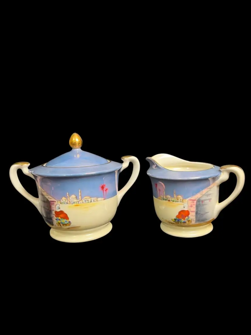 Noritaki Hand Painted Lusterware Creamer & Sugar-Features a Village w/ Palm Trees and a Gentleman Sitting Outside His Home-Lot 51