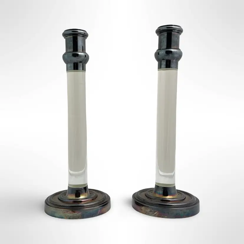 Vintage Pair Of Silver Plate And Acrylic Glass Candle Holders Made In Hong Kong