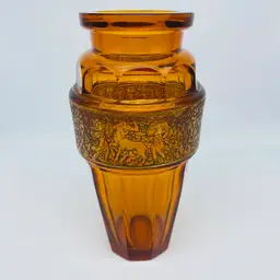 #1125 Amber glass vase with applied metal frieze by Moser, Carlsbad.