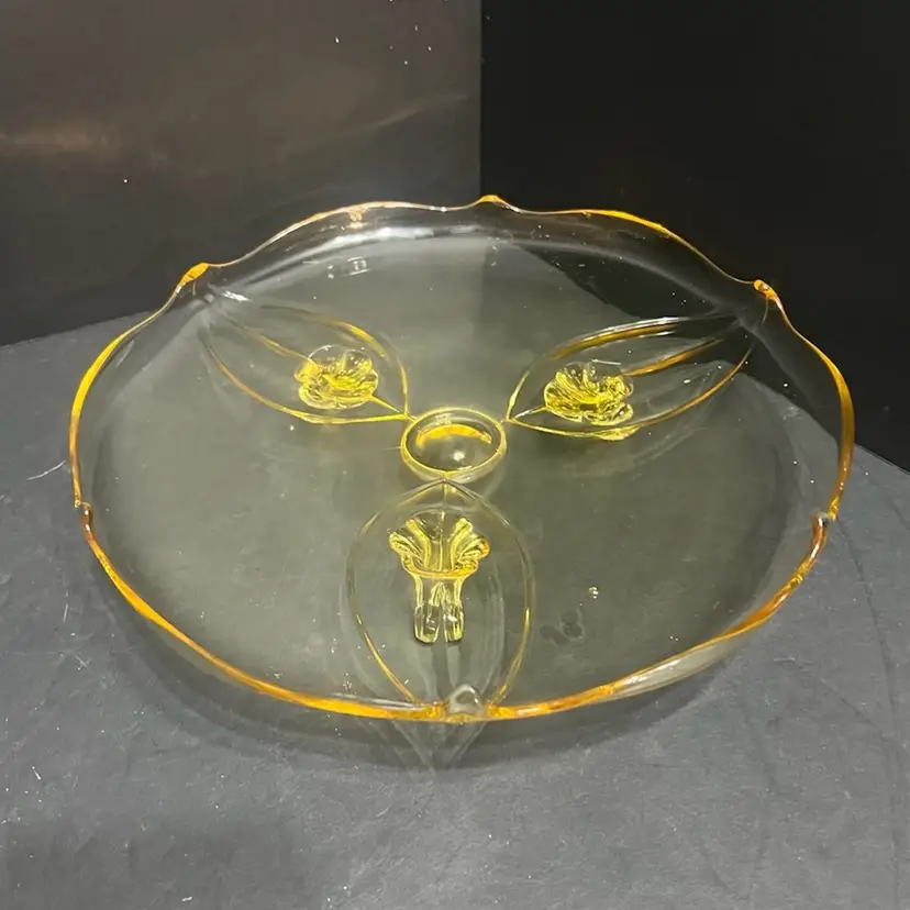 MARKDOWN! Vintage Lancaster Depression Glass 1930's Delicate Yellow Footed Tray Cake Plate Stand ~2.25β x 10.5β diameter