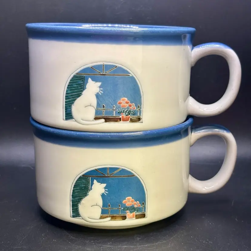 Pair Of Vintage Otagiri White Cat Seated In Window Soup Bowl Mug Stoneware