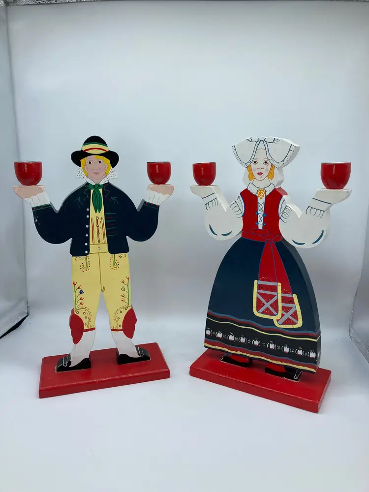 Set of two IKEA wooden candle holders, Swedish traditional costume, Lizzie Velander, Christmas Farmhouse Decor