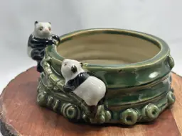 Vintage Panda Planter Dish Ceramic Bamboo Majolica Playful