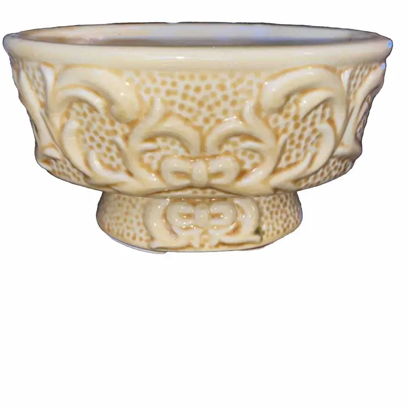 American Bisque Pottery Yellow Scroll Bow Pedestal Footed MCM Planter Vase Vtg