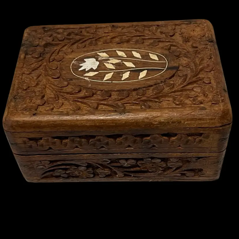 Carved Wood Inlaid Jewelry Box Vintage