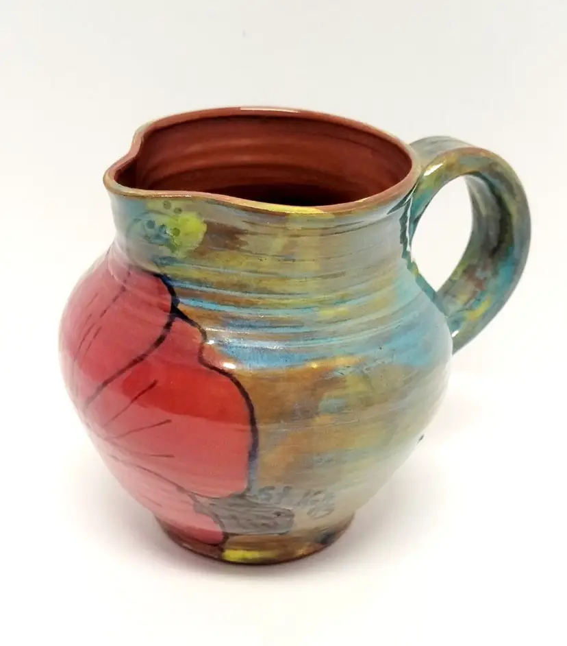 Vintage Redware Art Pottery Pitcher/Hand Thrown Pottery/Hand Painted/Floral/Red Clay/Flowers/Signed