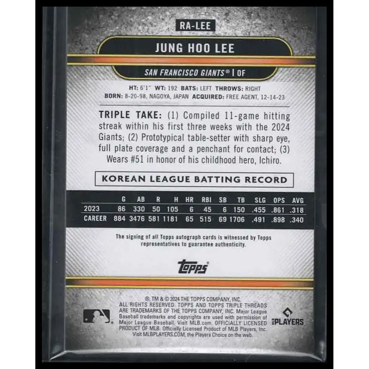 Jung Hoo Lee RC Autograph 2024 Topps Triple Threads /199