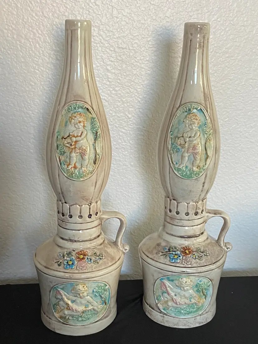 Vtg Ceramic Figural Liquor Decanters w/ Cherubs (2), 14" Tall