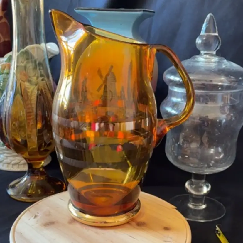 Romanian Amber Glass Gold Ring Detailing Pitcher with two mini cups