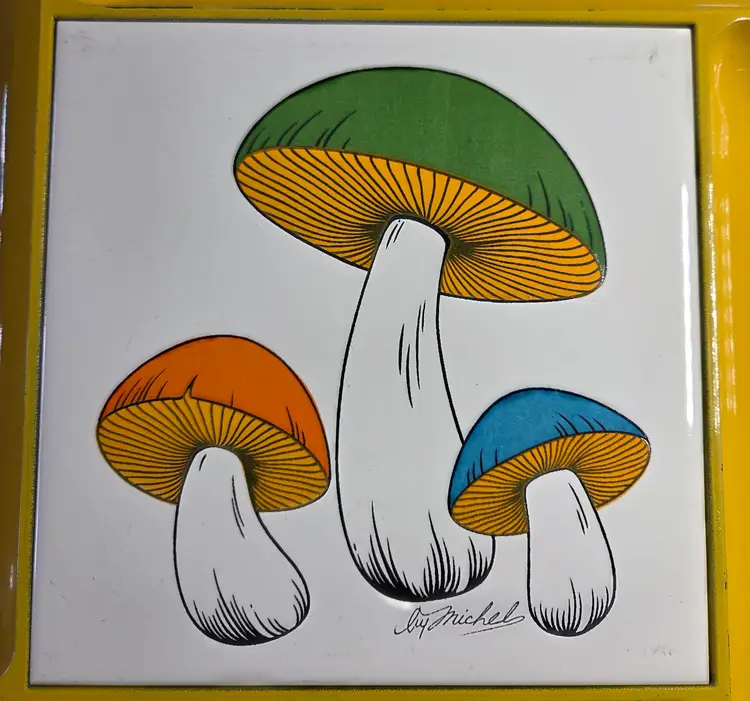 Vintage Japan Yellow Divded Melamine Serving Tray Funky Mushrooms Ceramic Tile