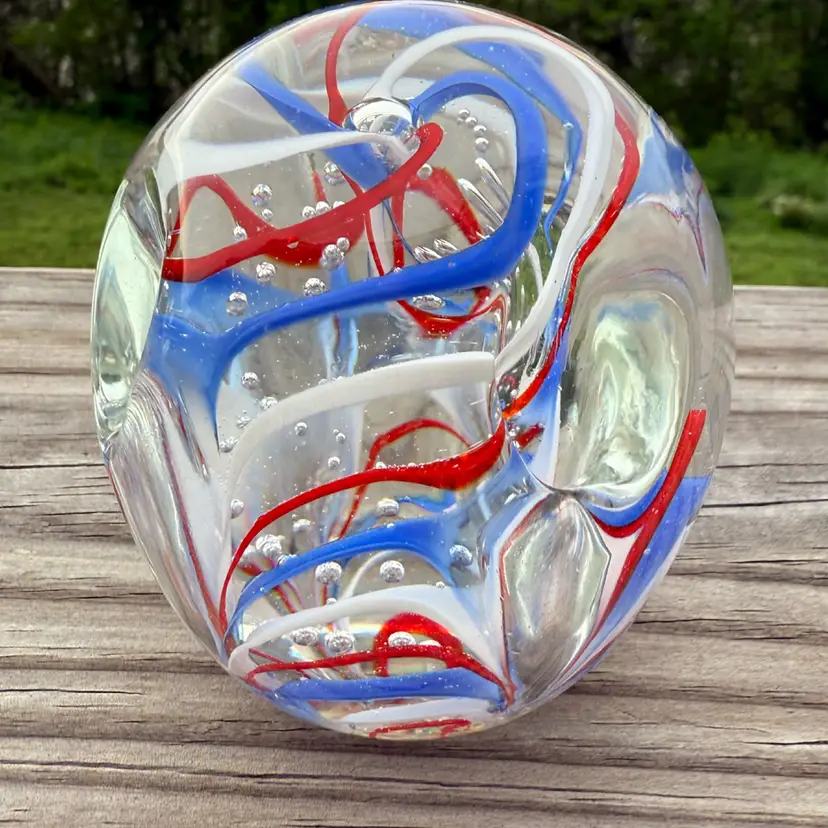 Gentile Art Glass Red White Blue Swirl Paperweight Pencil Holder 4 Hole