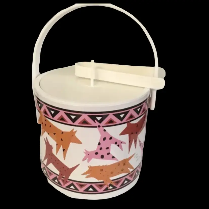 1991 VTG Post Modern Pop Art Dogs Melamine Ice Bucket & Lid W/ Tongs Pink Orange HTF Barware