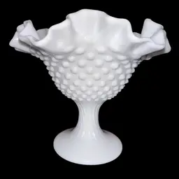 Fenton Milk Glass Hobnail Footed Compote / Candy Dish - Ruffled Top, Ribbed Foot