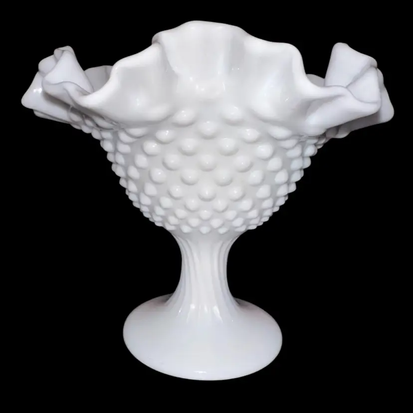 Fenton Milk Glass Hobnail Footed Compote / Candy Dish - Ruffled Top, Ribbed Foot