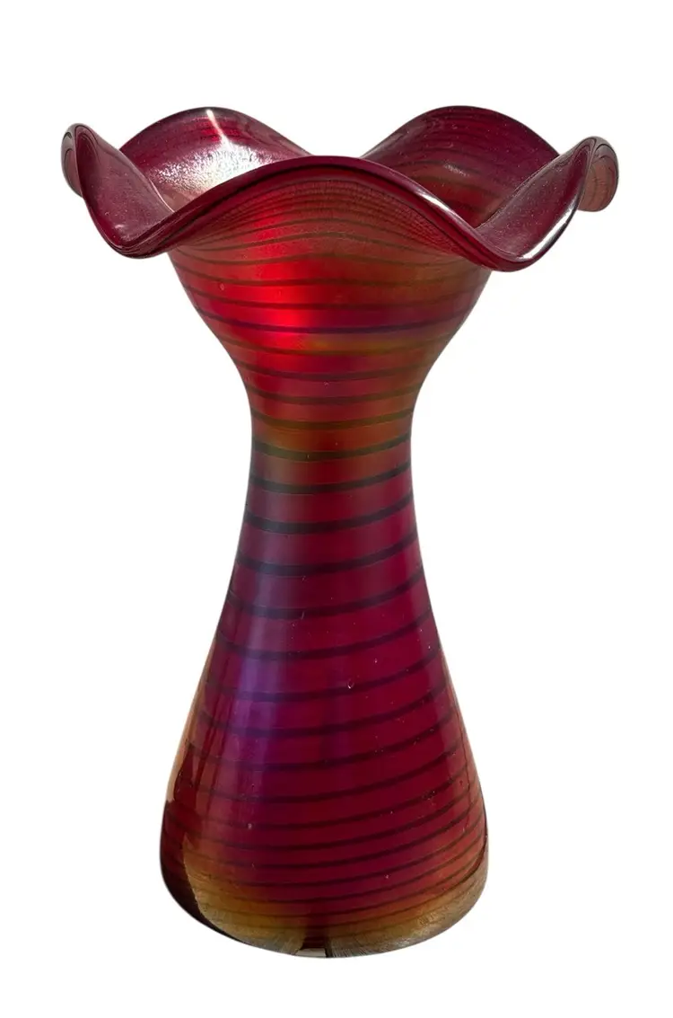 Kralik Ruby Red Stretch Glass Swirl Iridescent Ruffle Top Vase Signed