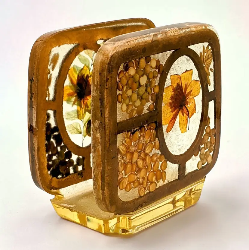 Vtg Design Gifts Floral Ladybug Seeds Napkin/Letter Holder Lucite Acrylic Resin