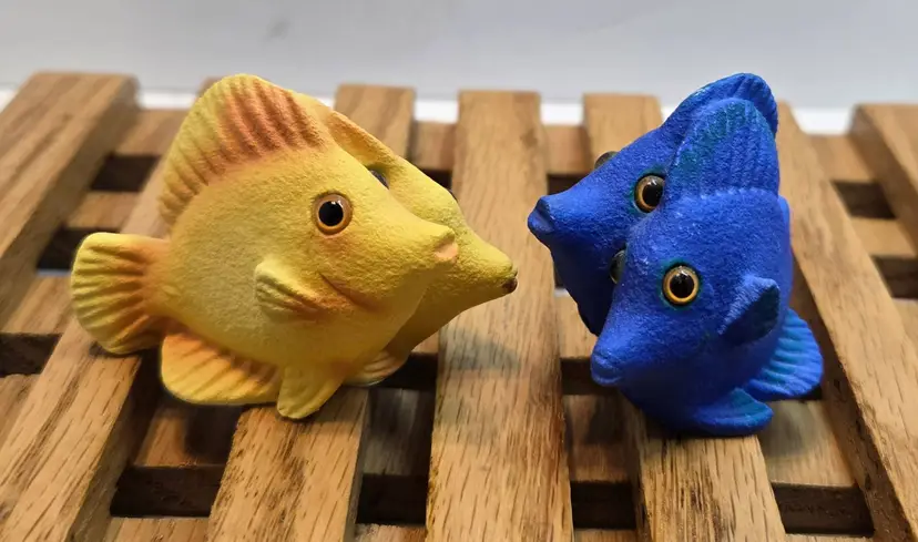 Pair of Vintage Stone Critters Littlebits Fish Figurines - Yellow & Blue Tropical Fish