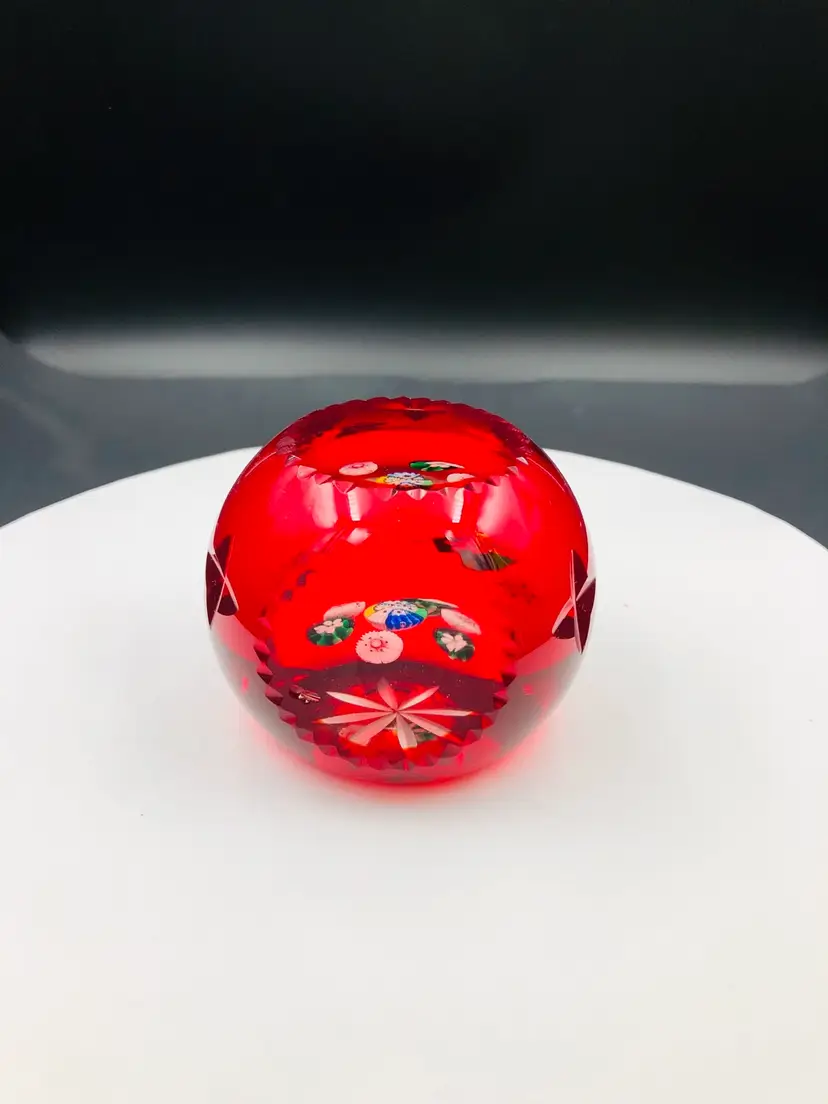 Ruby Red Millefiori Paperweight Glows