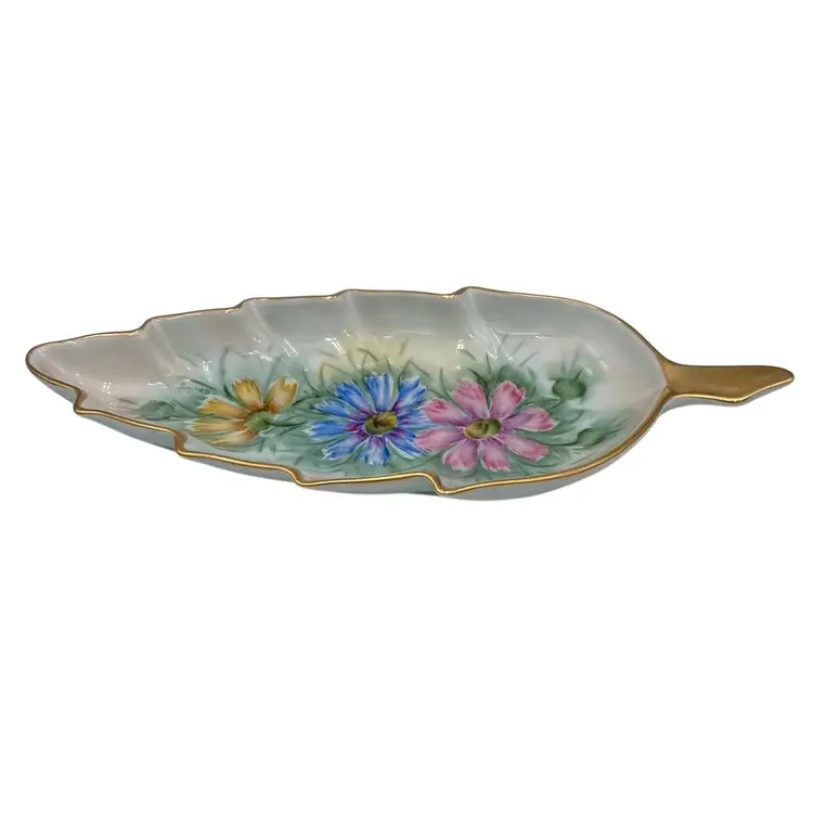 Vintage MCM Hand-Painted Porcelain Leaf Serving Tray, Cosmos, Gold Gilt, Signed