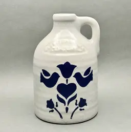 Vintage Harris Pottery Chicago Speckled Glaze Stoneware Jug With Tulips/Heart/Birds Motif
