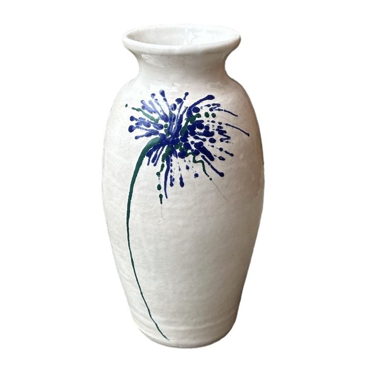 Hand Painted Purple Green and White Salt Glazed Stoneware Signed Floral Vase