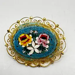 Vintage Italian Oval Micro Mosaic Flower Filigree Brooch, Absolutely Beautiful, Measures 1.50” x1.25”