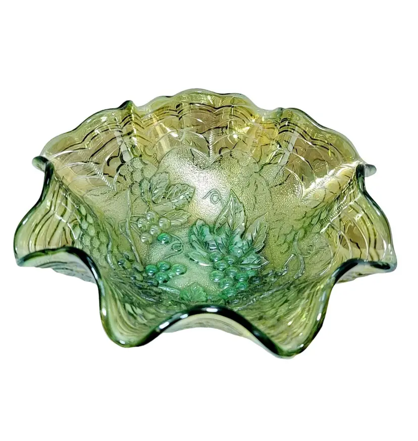 Vintage Imperial Carnival Glass Green Ruffled Bowl Grapes Uranium?