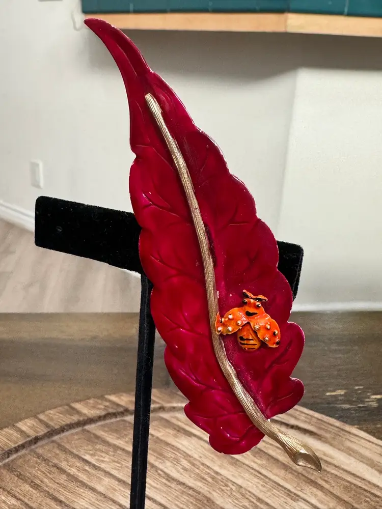 Vintage Red Enamel Brooch With Orange Bumblebee 
