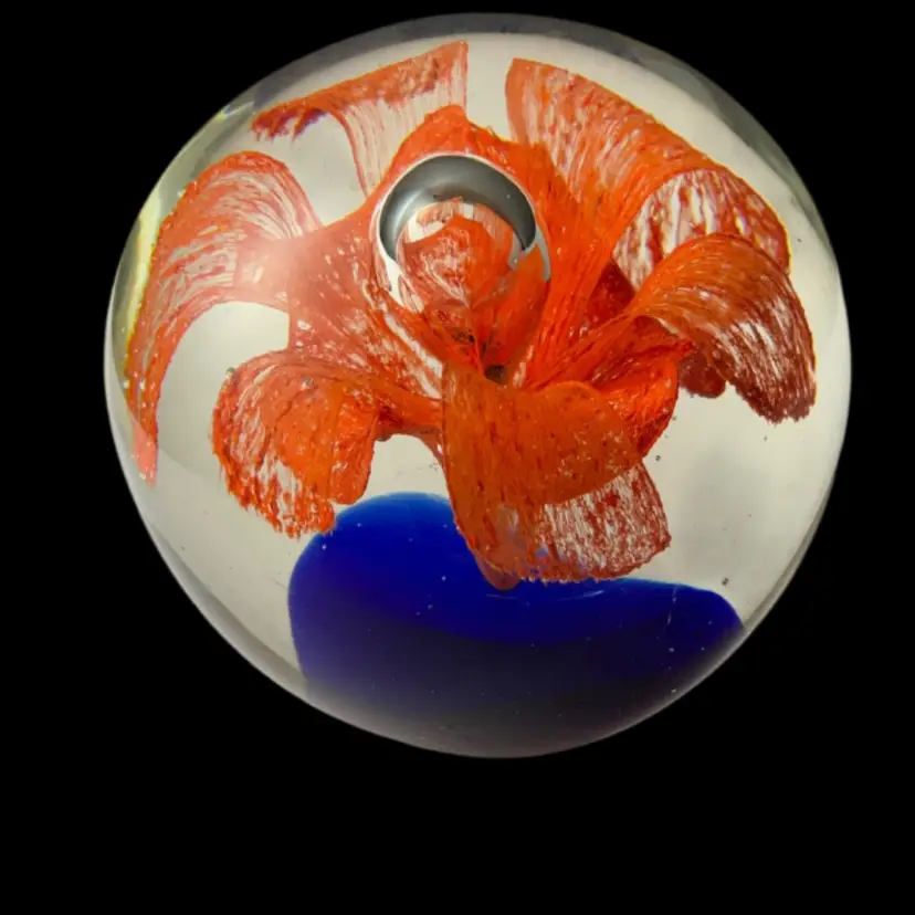 #25 Zimmerman Art Glass Orange Trumpet Lilly On Cobalt Base 2.25”T X 2.5” W ***As Is** Scratches