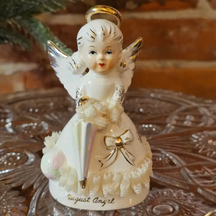 Vintage August Angel Figurine Japan ARI Label Lace Trim Umbrella Original Box