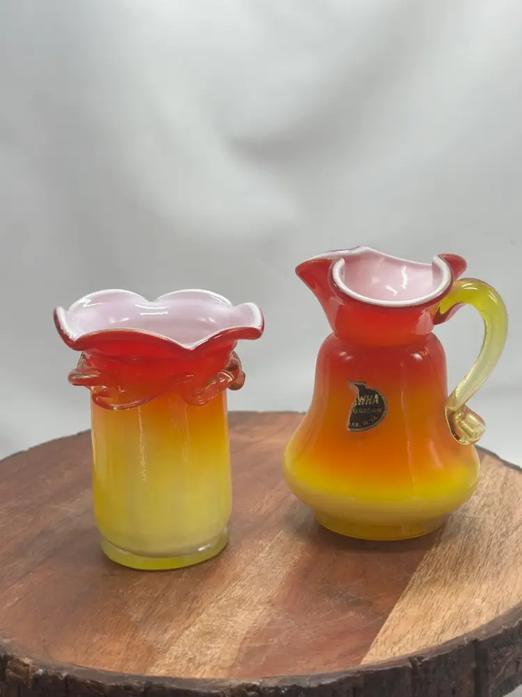 Kanawha Cased Amberina Glass Small Vase & Pitcher Candy Corn UV Glow