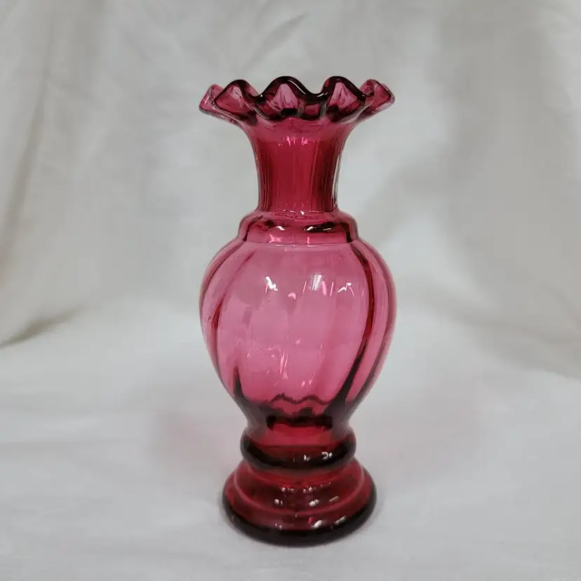 Fenton Ridged Cranberry Ruffled Glass Vase