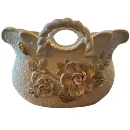 Vtg Japanese Porcelain Rose Planter – Textured Footed Vase Gold Trim Boho~RARE~